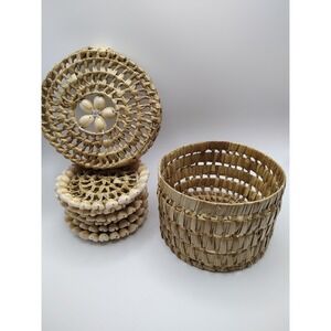 Vintage Puka Woven Coaster Beach House Set Of 6 Storage Sea Shells Boho Rattan